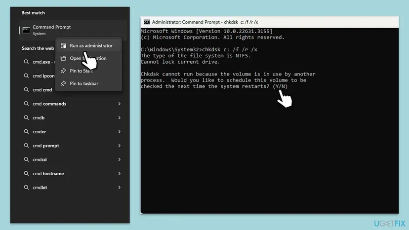 Windows search results for Command Prompt with Run as administrator and a chkdsk command typed in the console