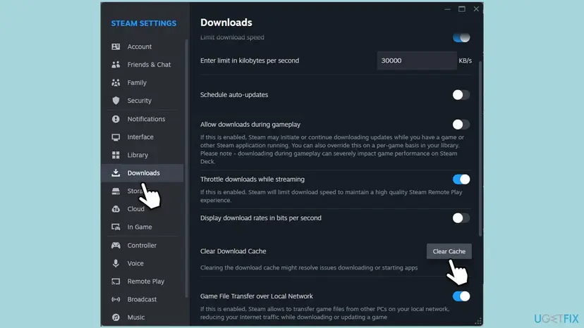 Steam Settings window with the Downloads page open and the Clear Cache button next to Clear Download Cache