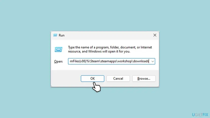 Windows Run dialog with the path to the Steam steamapps workshop downloads folder typed in the Open box