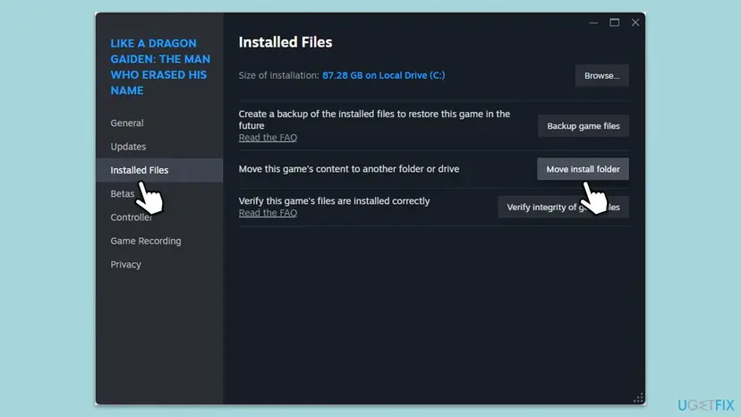 Steam game Properties window with Installed Files selected and the Move install folder button