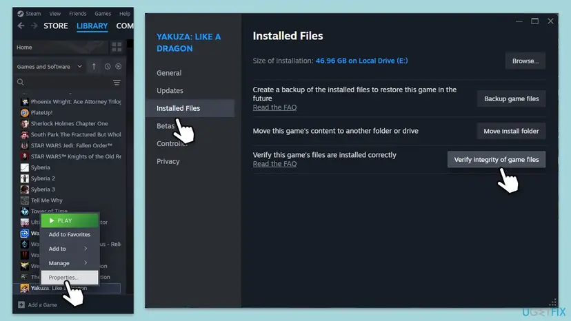 Steam game Properties window with Installed Files selected and the Verify integrity of game files button