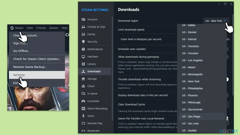 Steam menu with Settings selected next to Steam Settings on the Downloads page with the Download region list open on US regions