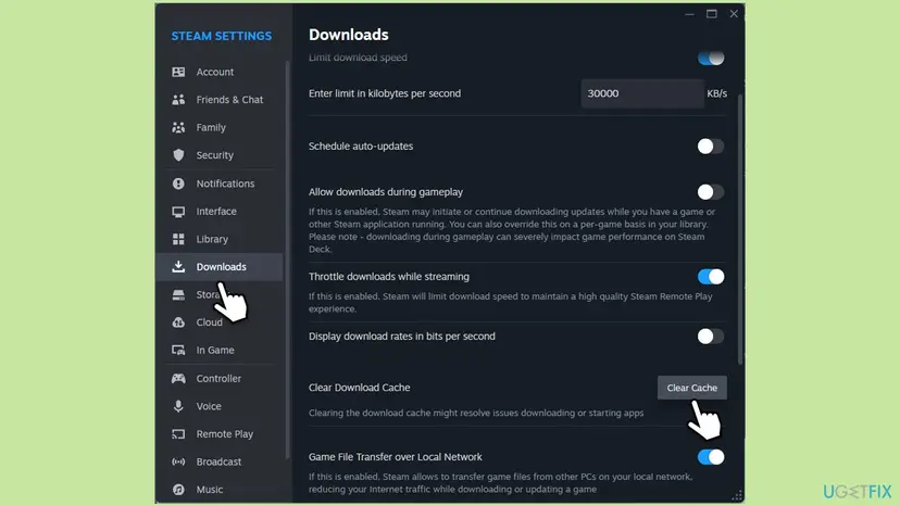 Steam Settings on the Downloads page with the Clear Cache button next to Clear Download Cache highlighted