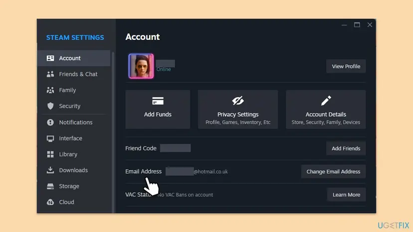 Steam client Settings window on the Account tab with the Email Address line and the Change Email Address button