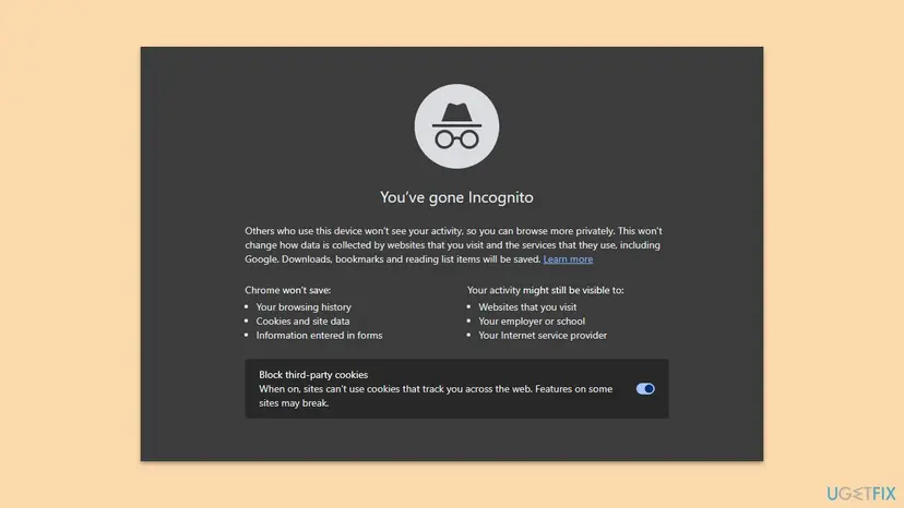Google Chrome Incognito window with the text You've gone Incognito and the Block third-party cookies switch turned on
