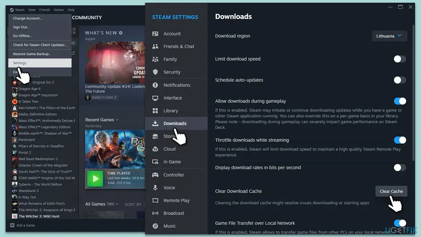 Steam Settings window on the Downloads page with the Steam menu open on Settings and the Clear Cache button next to Clear Download Cache