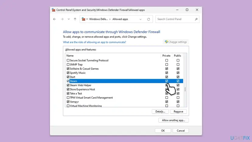 Allowed apps window of Windows Defender Firewall with the Steam entry selected and both network boxes ticked