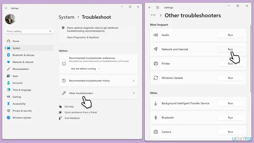 Windows 11 Settings with the Troubleshoot page and the Other troubleshooters list open