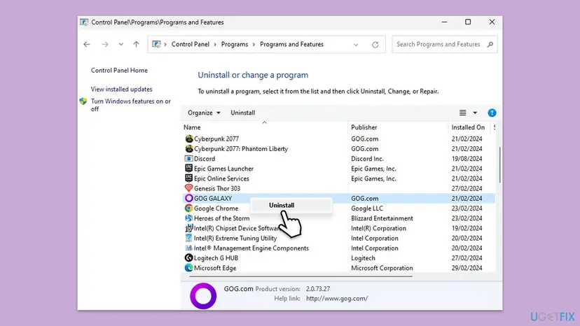 Programs and Features window in Control Panel with GOG Galaxy selected and the Uninstall button visible