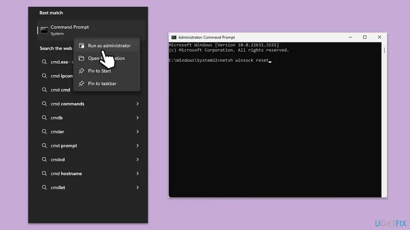 Windows search for cmd and a Command Prompt window where the netsh winsock reset command is typed