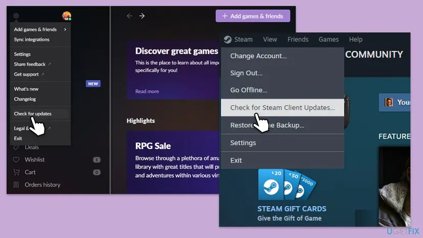 Checking for updates in the GOG Galaxy settings menu and in the Steam client menu, shown side by side