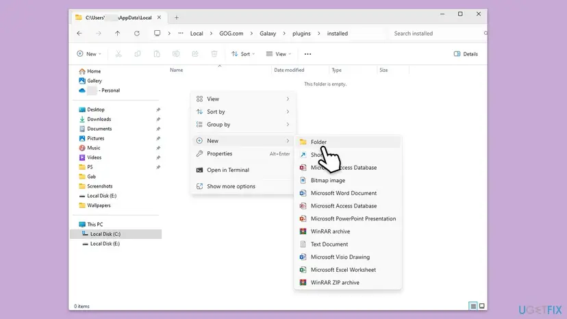 Windows File Explorer showing a context menu to create a new folder in the GOG Galaxy plugins folder