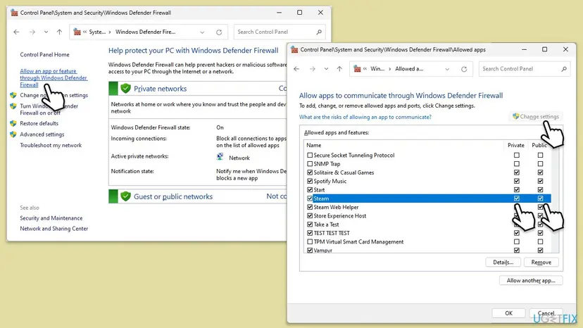 Windows Defender Firewall settings showing Steam allowed through private and public networks