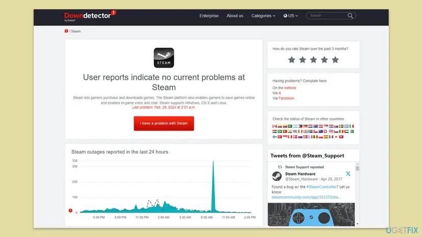 Downdetector webpage displaying Steam server status and outage reports