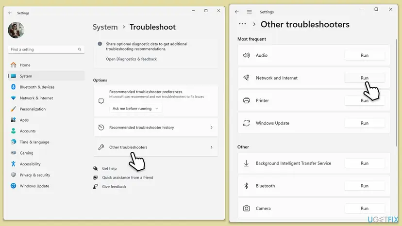 Windows 11 Settings showing Troubleshoot and Other troubleshooters options