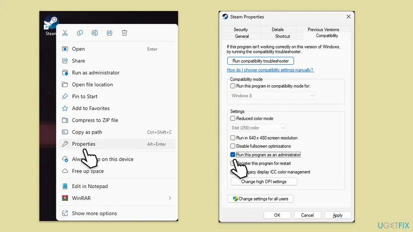 Steam context menu and Compatibility tab in Steam Properties window