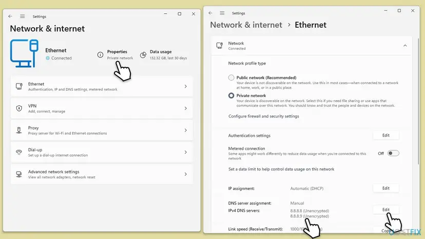 Windows Settings showing Network and internet Ethernet properties and DNS server assignment options