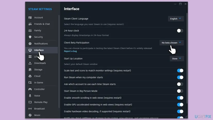 Steam Settings on the Interface page with the Client Beta Participation list set to No beta chosen