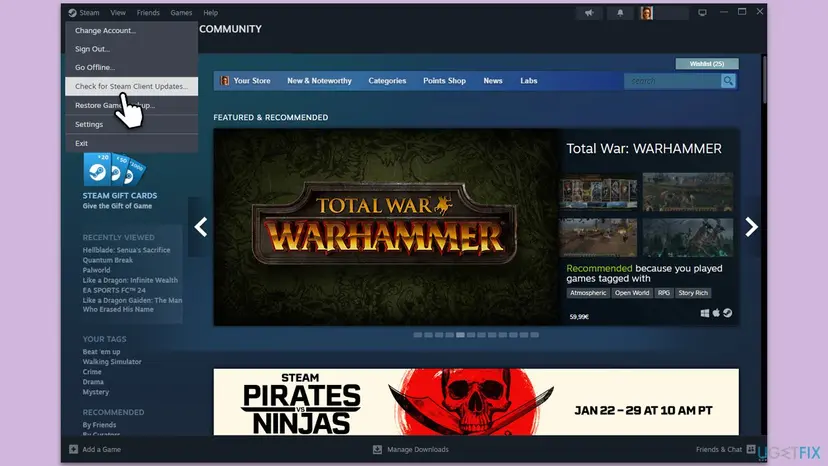 Steam client with the Steam menu open, showing Change Account, Sign Out, Go Offline, Check for Steam Client Updates, Settings and Exit
