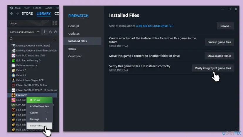 Steam Library with the right-click menu of a game open at Properties, next to the Installed Files page with the Verify integrity of game files button