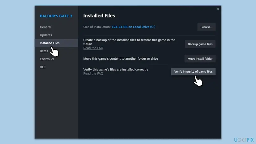 Steam game Properties window with the Installed Files tab selected and the Verify integrity of game files button next to Verify this game's files are installed correctly