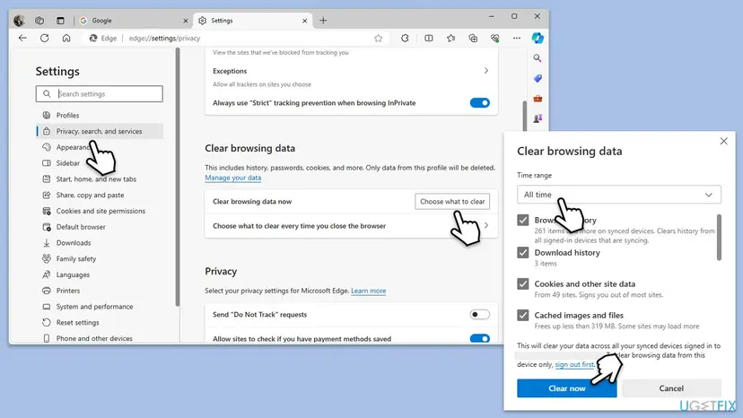 Microsoft Edge Settings, Privacy search and services page with Choose what to clear and the Clear browsing data box with cookies and cached files checked
