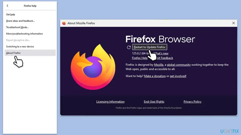 Firefox Help menu with About Firefox selected and the About Mozilla Firefox window showing the Restart to Update Firefox button