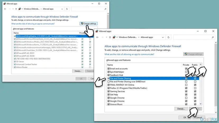 Windows Defender Firewall Allowed apps list with Change settings selected and File and Printer Sharing ticked for the Private and Public columns