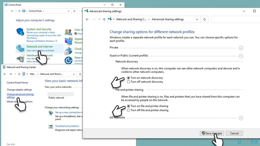 Control Panel Advanced sharing settings with Turn on network discovery and Turn on file and printer sharing selected for a network profile