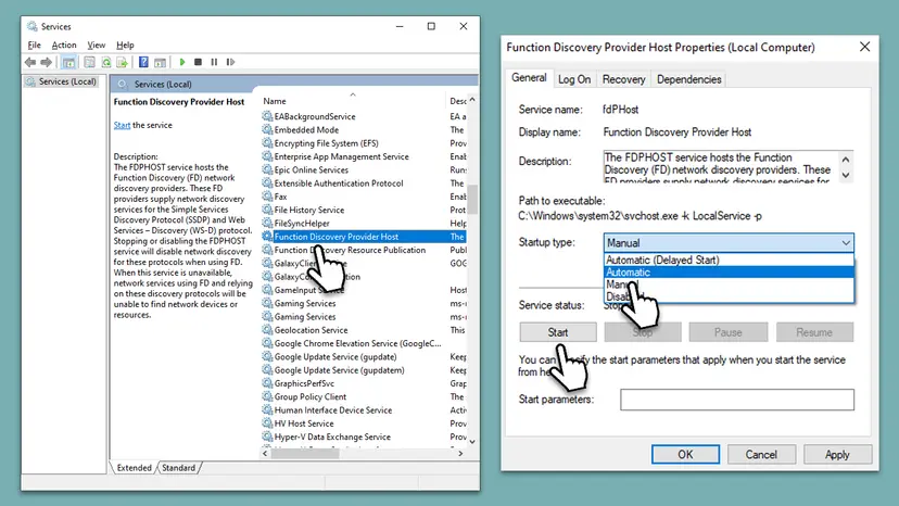 Services window with Function Discovery Provider Host selected and its properties dialog open with the Startup type list and the Start button