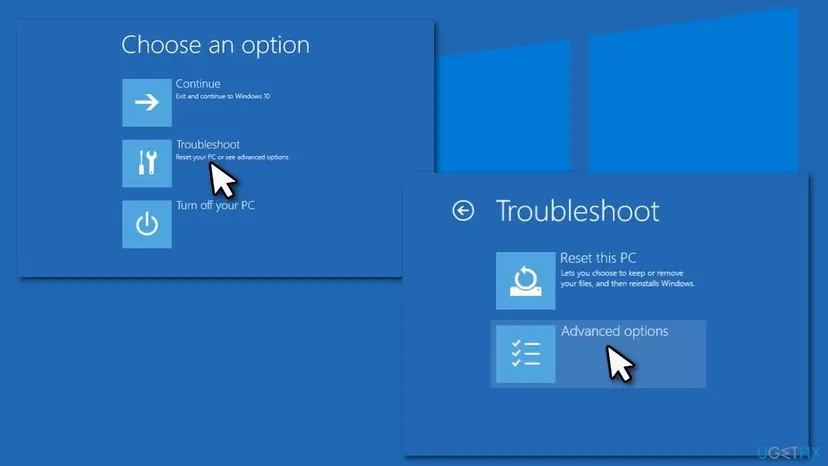 Windows recovery screens: Choose an option with Troubleshoot selected, then the Troubleshoot screen with Reset this PC and Advanced options