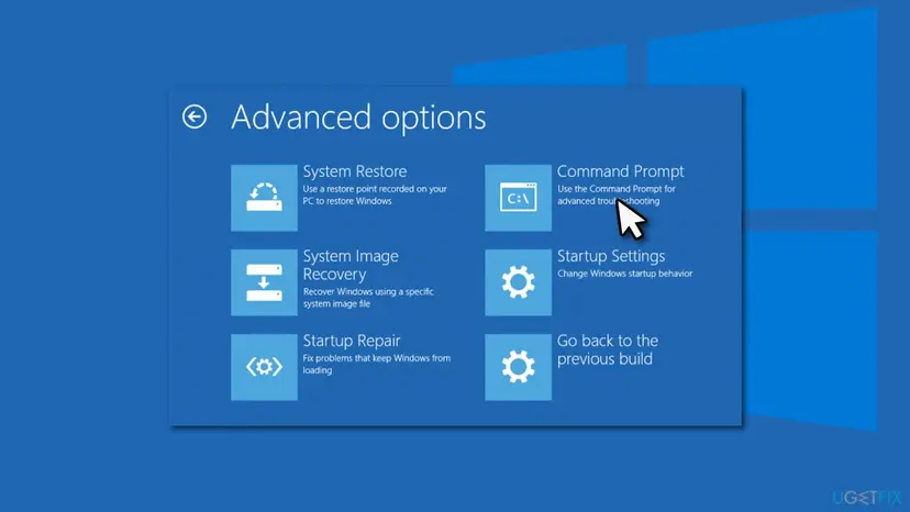 Windows recovery Advanced options screen with tiles for System Restore, System Image Recovery, Startup Repair, Command Prompt, Startup Settings and Go back to the previous build