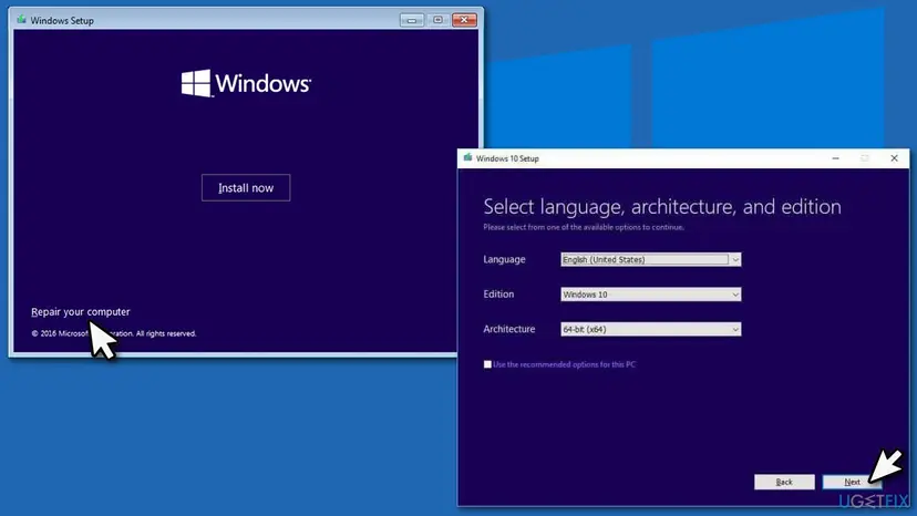 Windows Setup start screen with Install now and Repair your computer, next to the Media Creation Tool page Select language, architecture and edition