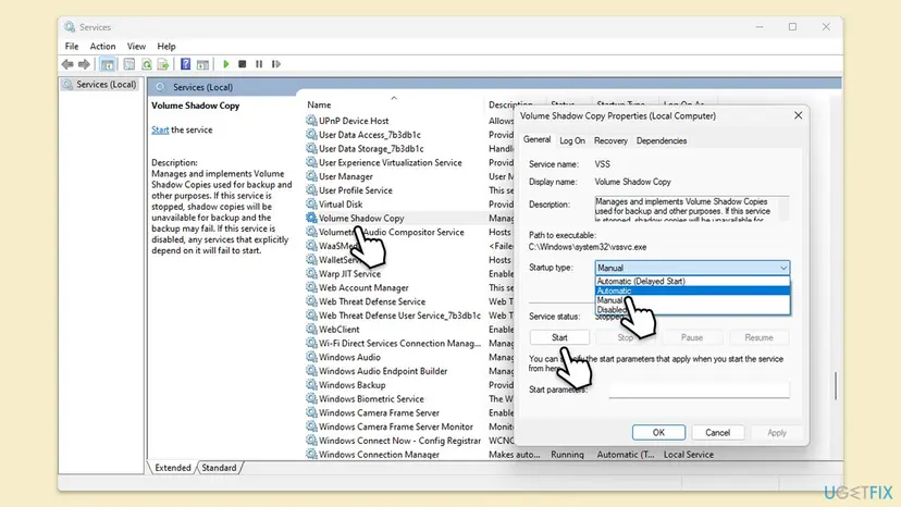 Services window on Windows 11 with Volume Shadow Copy Properties open, service name VSS, startup type Manual and the Start button