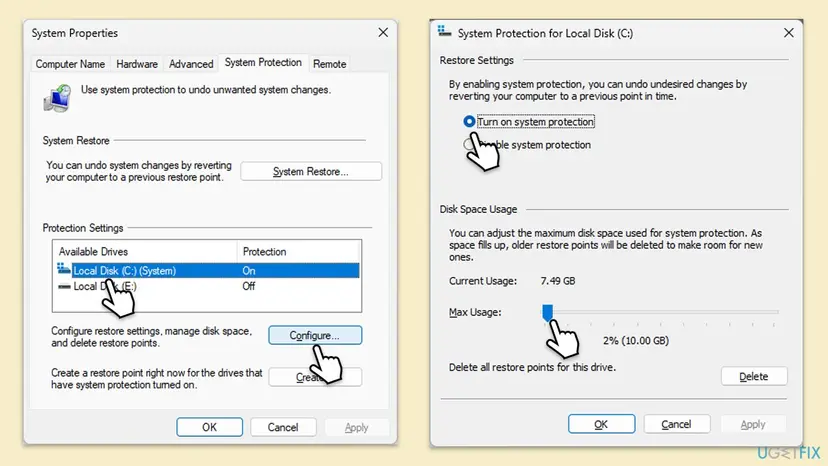 System Properties System Protection tab with drive C: protection On, and the System Protection for Local Disk C: window with Turn on system protection and the Max Usage slider