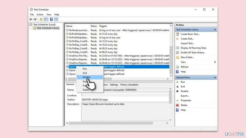 Task Scheduler window with the Task Scheduler Library selected, a list of tasks, the right-click menu of one task with Run, End and Disable, and the General tab below