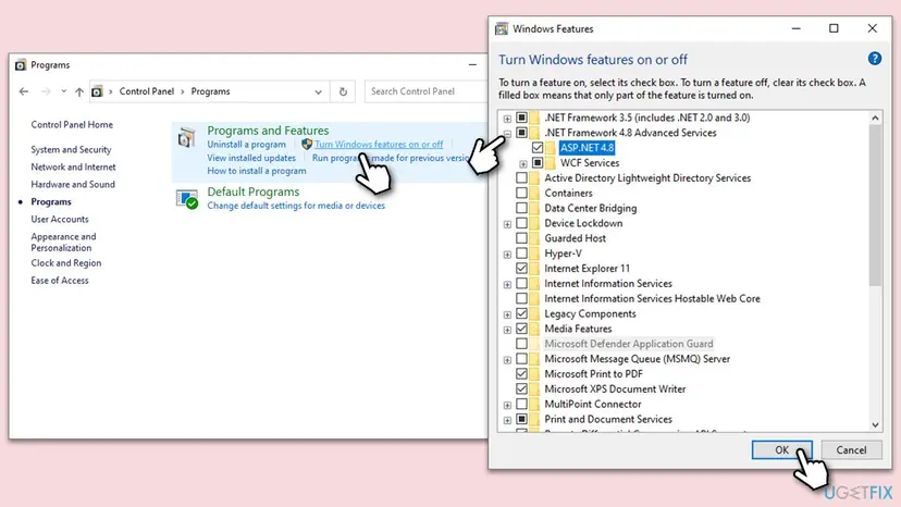 Control Panel Programs page with Turn Windows features on or off, and the Windows Features window with .NET Framework 3.5 and .NET Framework 4.8 Advanced Services selected