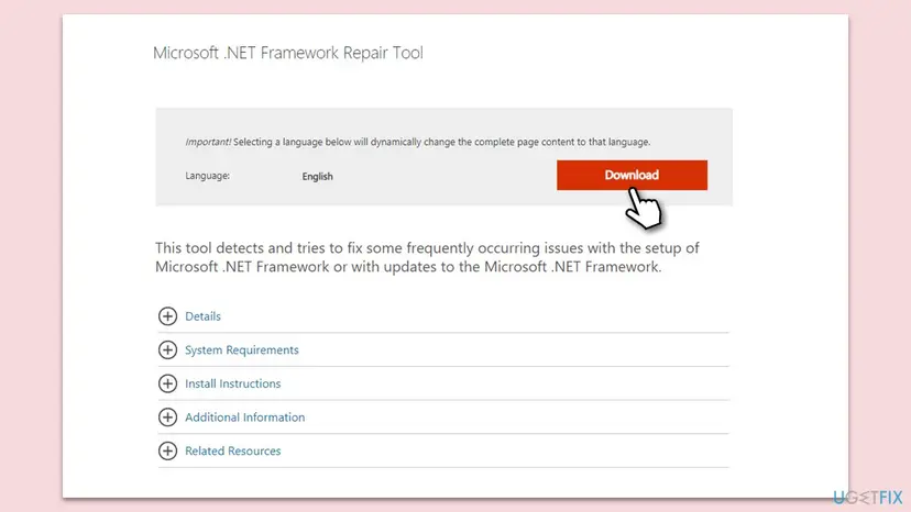 Microsoft download page of the Microsoft .NET Framework Repair Tool with the language set to English and the Download button