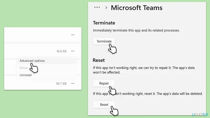 Windows 11 Installed apps menu with Advanced options, and the Microsoft Teams advanced options page with the Terminate, Repair and Reset buttons