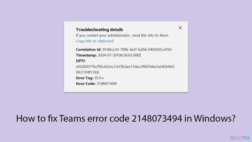 Troubleshooting details window of a Microsoft 365 sign-in with Copy info to clipboard, Correlation Id, Timestamp, DPTI, Error Tag 657rx and Error Code 2148073494