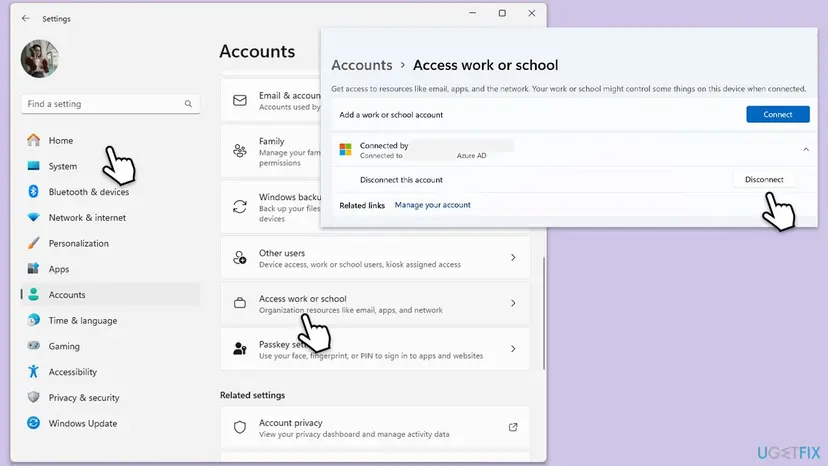 Windows 11 Settings, Accounts page with Access work or school open, a connected Azure AD account expanded and the Disconnect button selected
