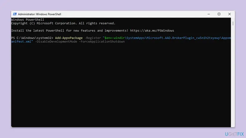 Administrator Windows PowerShell window on Windows 11 with the Add-AppxPackage -Register command for Microsoft.AAD.BrokerPlugin typed at the prompt