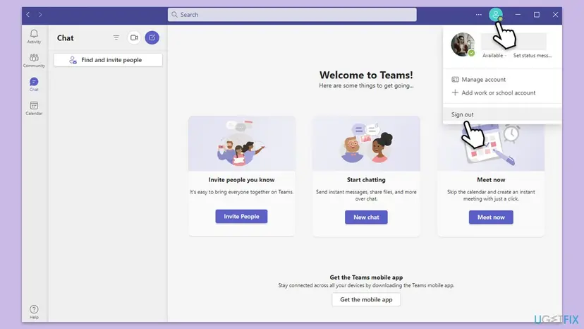 Teams window with the profile menu open at the top right, showing Manage account, Add work or school account and the Sign out command at the bottom of the menu
