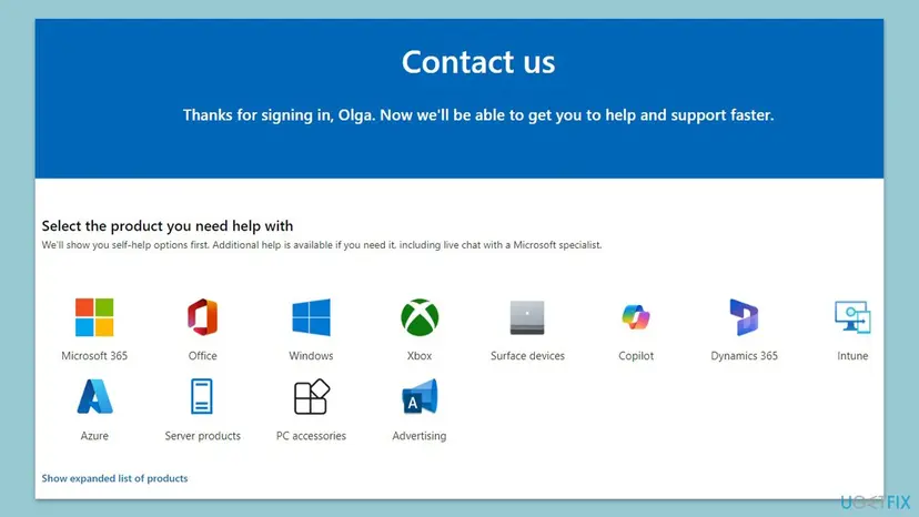 Microsoft Contact us page with Select the product you need help with and tiles for Microsoft 365, Office, Windows, Xbox, Surface devices and other products