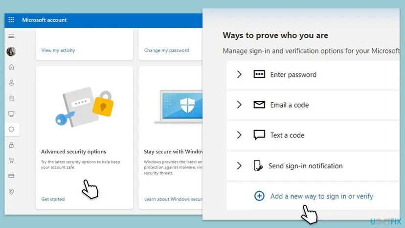 Microsoft account Security page with the Advanced security options card, next to the Ways to prove who you are list with Email a code, Text a code and Add a new way to sign in or verify