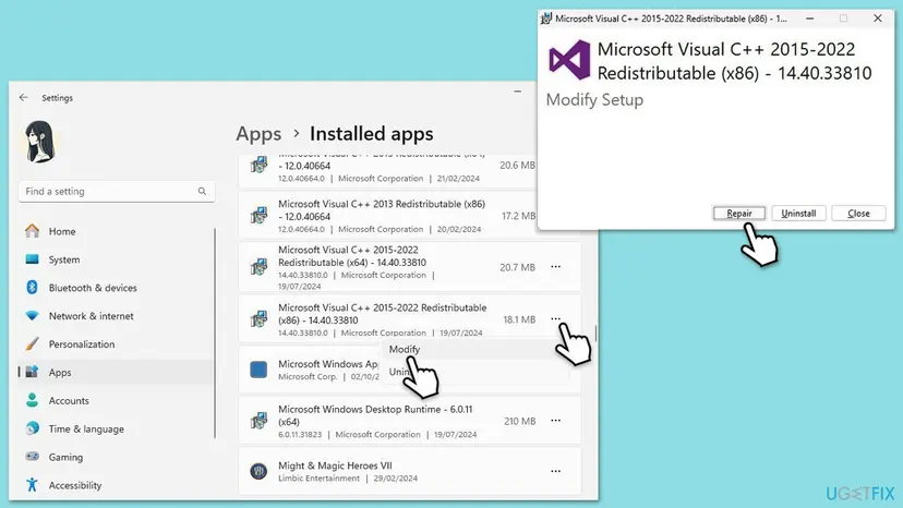 Windows 11 Settings Installed apps list of Microsoft Visual C++ Redistributable packages with Modify selected and the Modify Setup window showing the Repair button