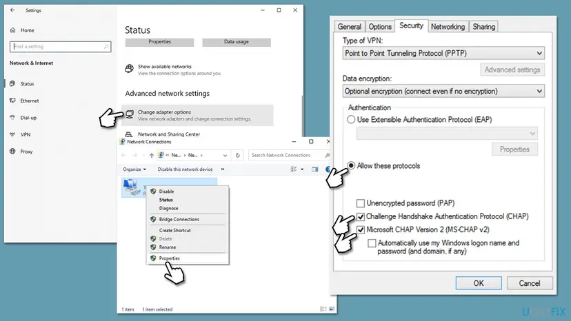 Network Connections with Properties chosen for a VPN, and its Security tab with Allow these protocols, CHAP and Microsoft CHAP Version 2 ticked