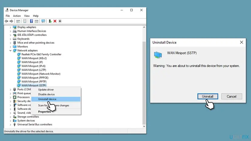 Device Manager with Network adapters expanded, the WAN Miniport list and Uninstall device chosen for WAN Miniport (SSTP), with the Uninstall Device confirmation