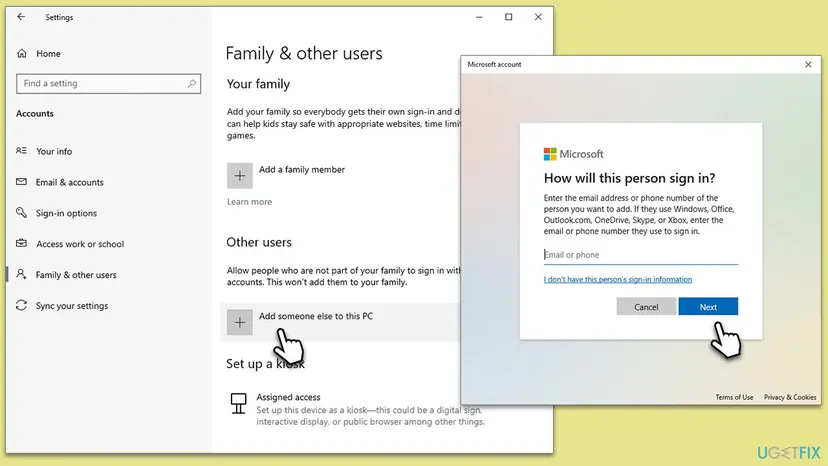 Windows 10 Settings, Family and other users with Add someone else to this PC, next to the Microsoft account window How will this person sign in
