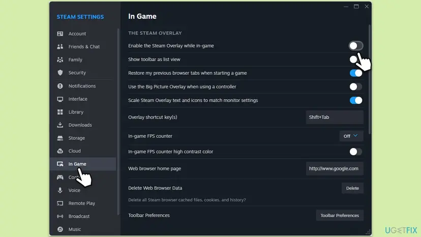 Steam Settings window on the In Game page with the switch Enable the Steam Overlay while in-game being turned off